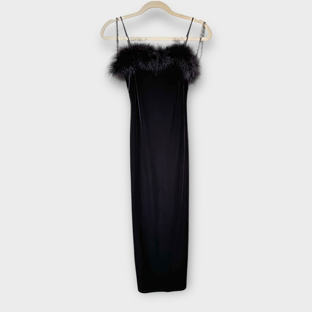Steppin Out Black Velvet Feather Trim Slip Dress | 90s Y2K Glam Midi‎ Maxi